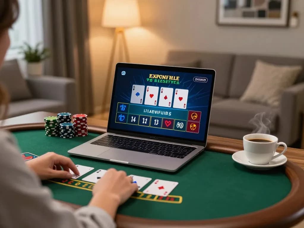 Experience the excitement of qq88 through a live dealer blackjack game on a laptop, set in a cozy home office.
