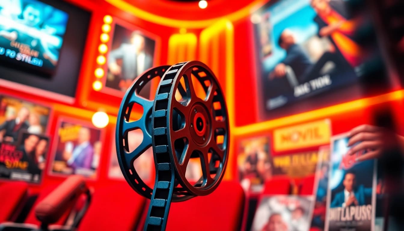 หนังออนไลน์ บนโปสเตอร์ภาพยนตร์จัดเรียงอย่างมีระเบียบในโรงภาพยนตร์สมัยใหม่