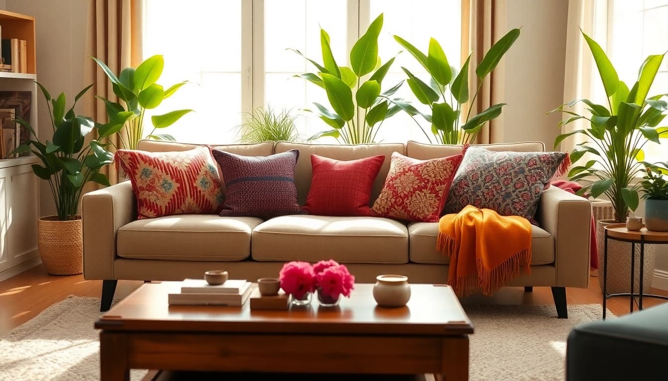 Bekijk decoratieve stof met kleurrijke kussens op een elegante bank in een gezellige woonkamer.