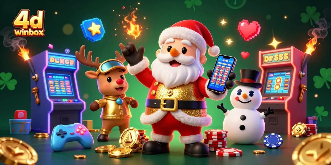 Engage in thrilling fun with 4d winbox, featuring Santa and friends in a vibrant casino scene.