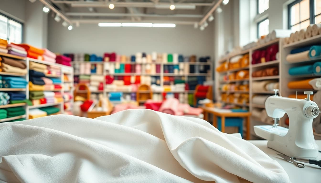 Bekijk katoen stof per meter in een kleurrijke stoffenwinkel met verschillende texturen.