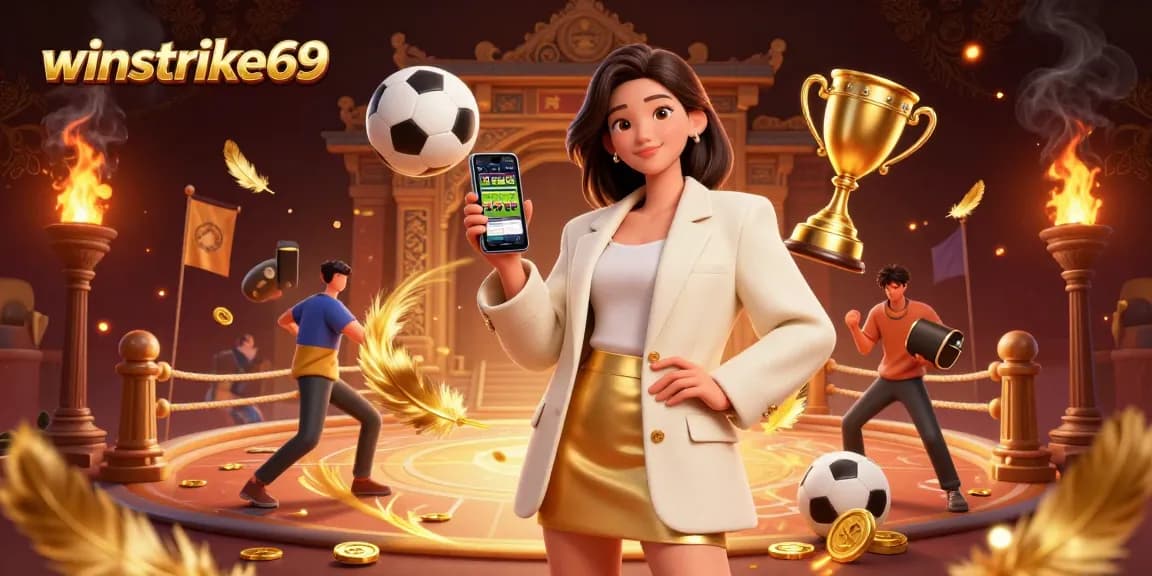 Winstrike69 sports betting app showcased by a stylish Asian woman in a vibrant 3D scene.