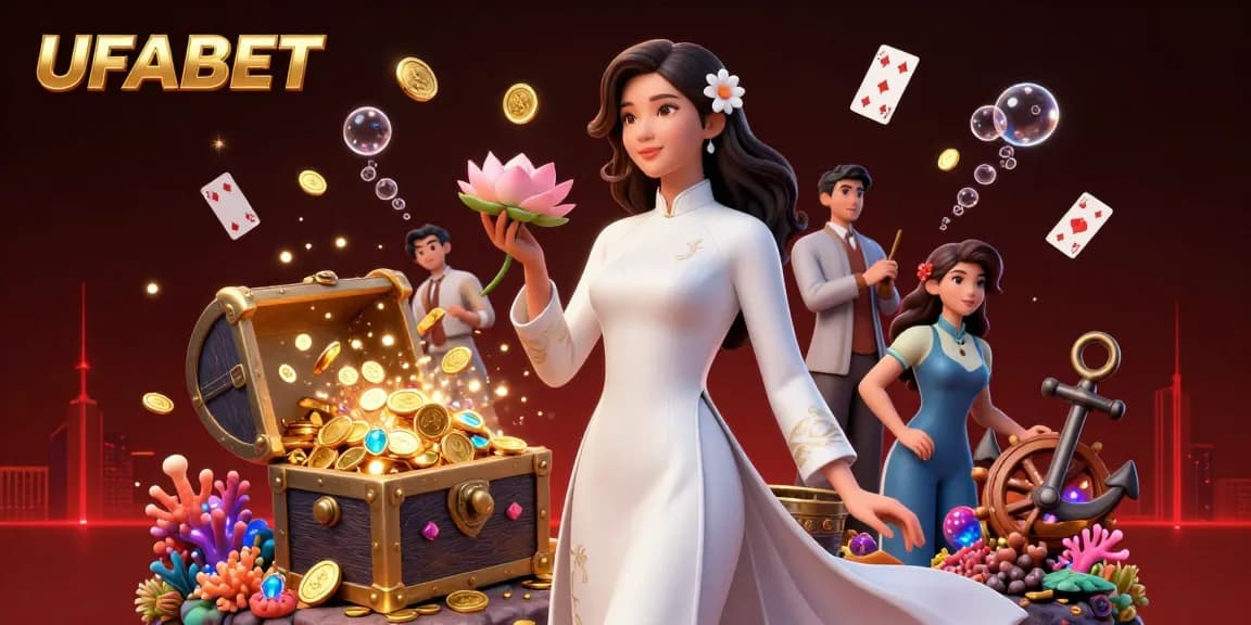 Engage with UFABET online casino thrills through a vibrant, dynamic 3D illustration showcasing various gaming elements.