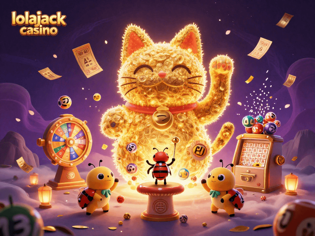 Experience the excitement at lolajack casino with a vibrant scene of lucky symbols and joyous elements.