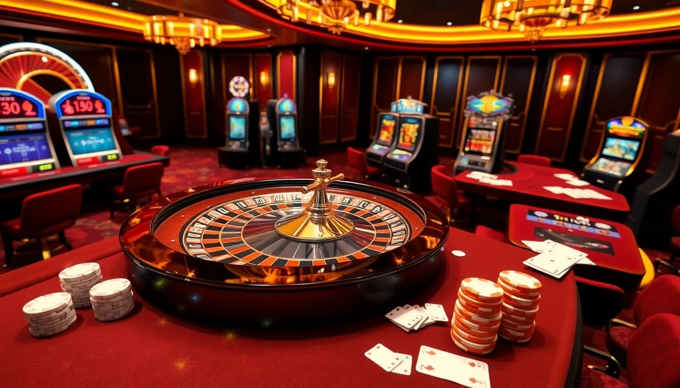 Une scène palpitante de jeu en ligne mettant en avant une expérience de casino en ligne France fiable avec de la roulette, des cartes et des jetons.