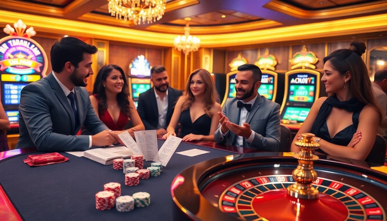 Engaging scene of players enjoying the excitement of 7upbet, with colorful chips and a roulette wheel.