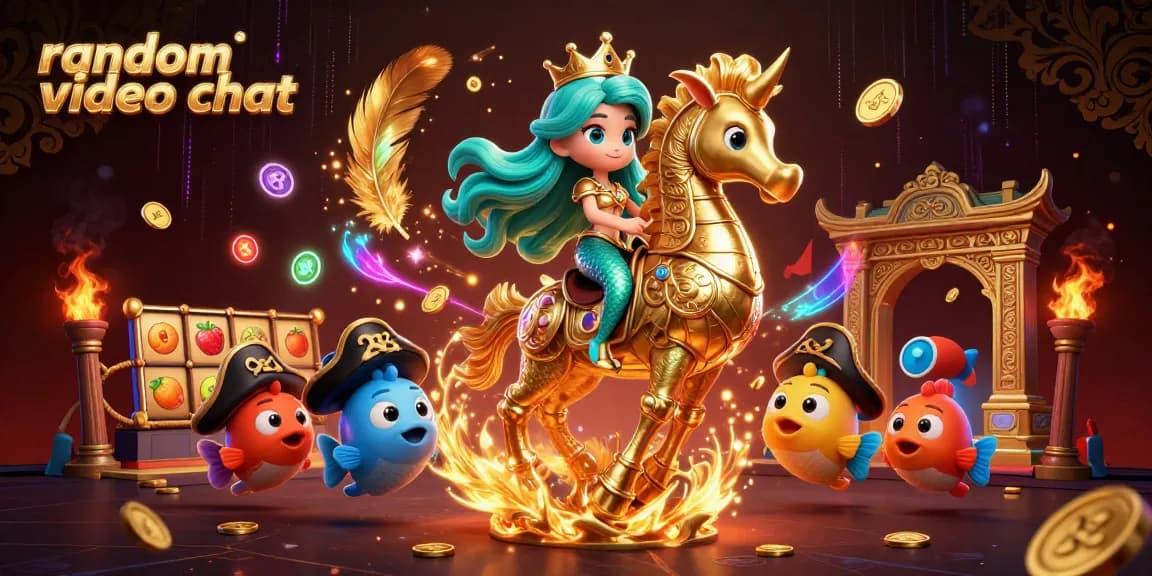Engage in random video chat while experiencing vibrant casino action with colorful slot reels and characters.