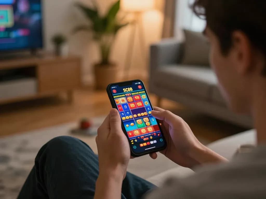 Engaged user on mobile SC88 app for online casino, strategizing gameplay in cozy home environment.