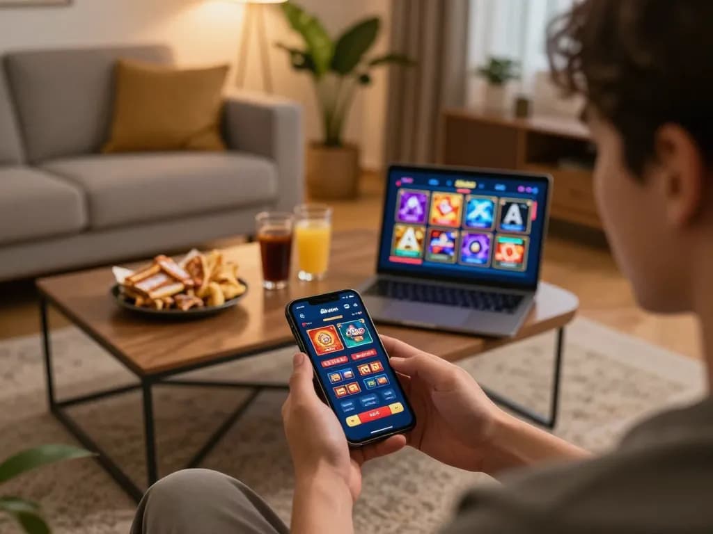 Engaging gameplay on 58win com mobile app in a cozy living room with snacks and drinks