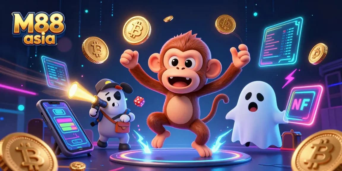Engage in thrilling moments at M88 asia with colorful crypto and casino elements in a vibrant illustration.