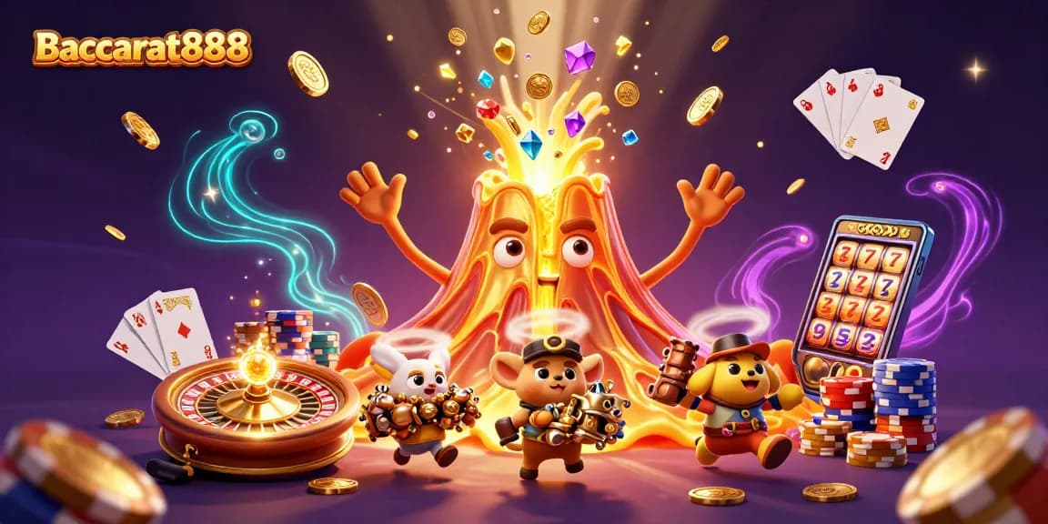 Experience the thrill of Baccarat888 with a golden volcano, coins, and vibrant casino elements.