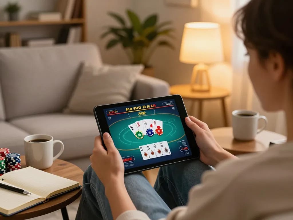 Player engaging in sc888 online poker gameplay on a tablet in a cozy home setting.