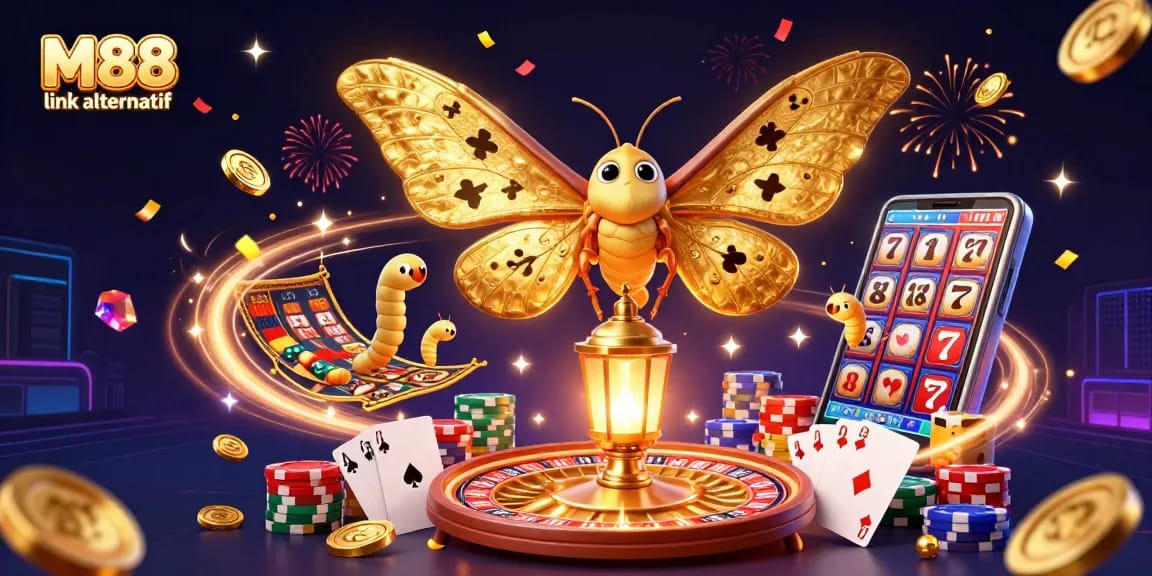 M88 link alternatif illustration featuring enchanting casino scenes with magical 3D elements, attracting players.