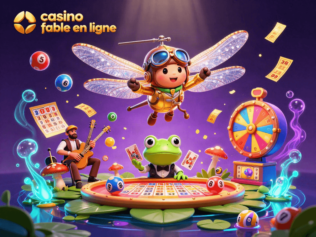 Jouez au casino fiable en ligne avec ambiance festive et personnages colorés, croupier vibrant et décor immersif.