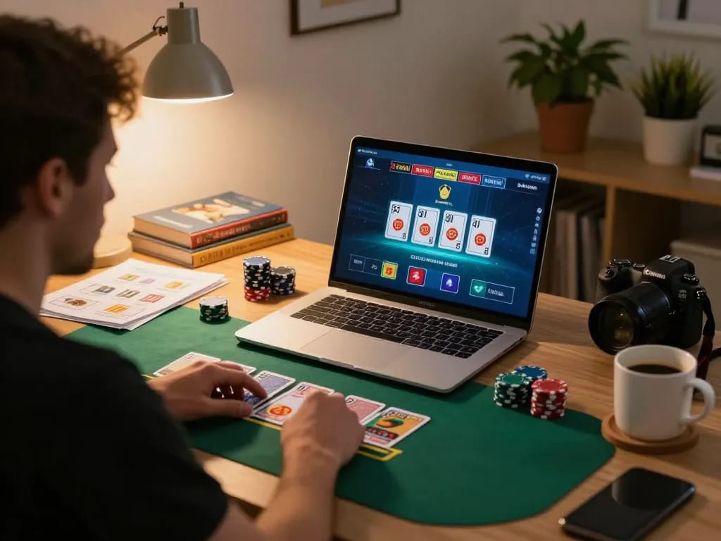 Player engaging in online blackjack on F168, showcasing a cozy home setup with strategy notes.