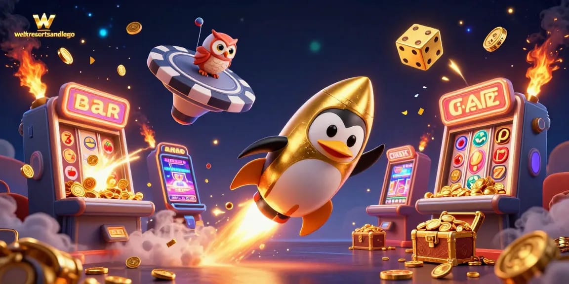 Experience thrilling gameplay with a golden penguin soaring through the cosmos at welkresortsandiego casino.