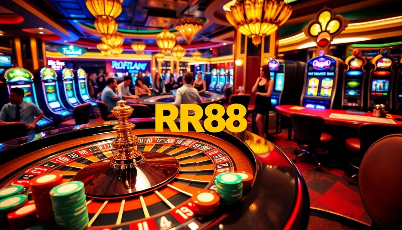 RR88 players enjoying an exciting casino experience at modern roulette and slot machines.