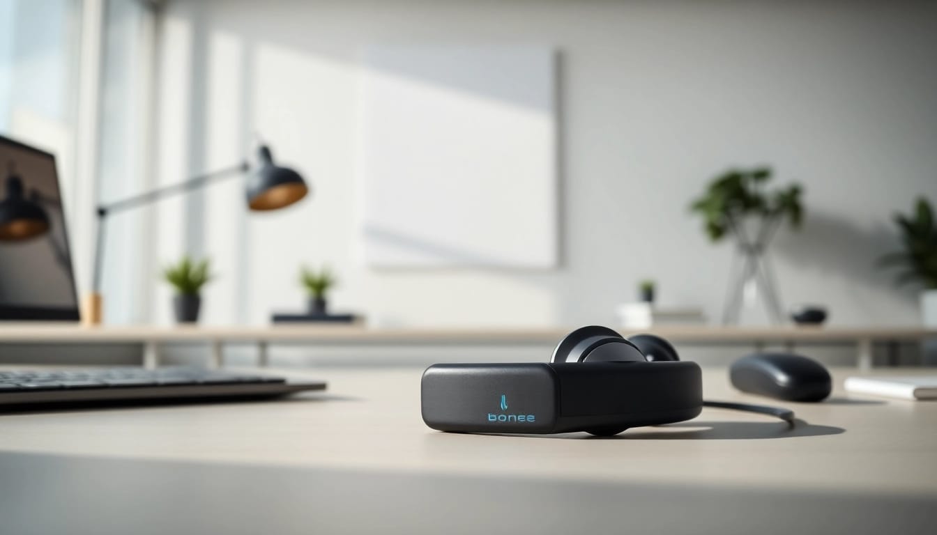 Showcase the Bone X2 Bone Conduction Headphones in a modern workspace.