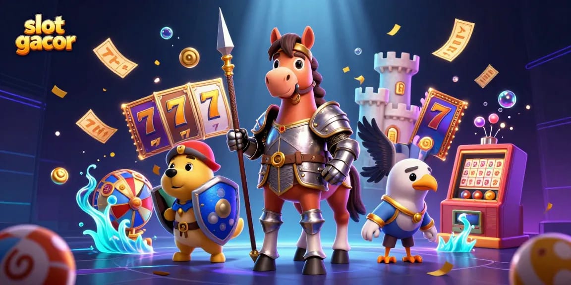 Experience thrilling slot gacor action as medieval characters join vibrant casino elements in a dynamic scene.