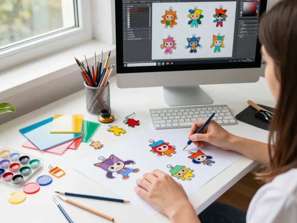 Designer creating vibrant acrylic charms with sketches and colorful materials in a bright workspace.