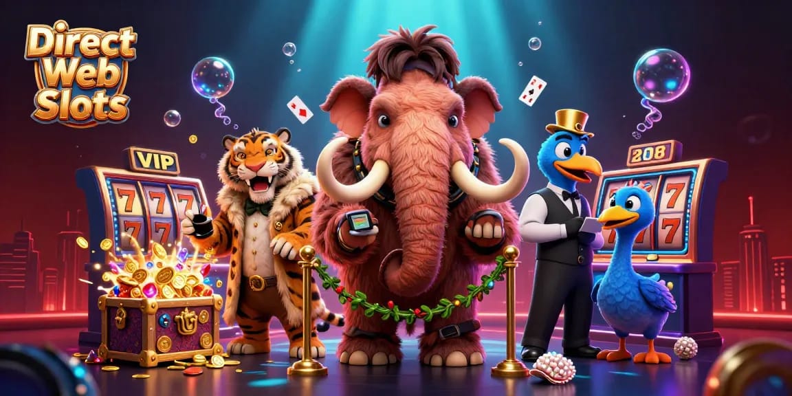 Experience Direct Web Slots with engaging characters and vibrant slot elements in this 3D illustration.