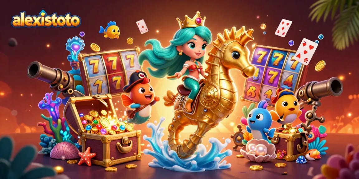 Engage in thrilling gameplay with alexistoto, as a mermaid princess rides a seahorse, surrounded by slot elements.