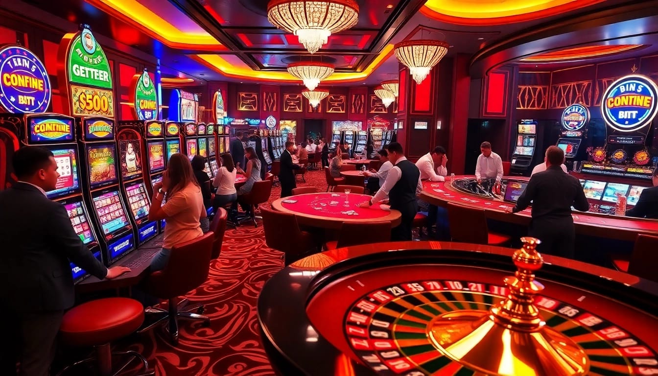 Exciting gambling scene at https://fly88.deal/ featuring slot machines and poker tables in a luxurious casino.