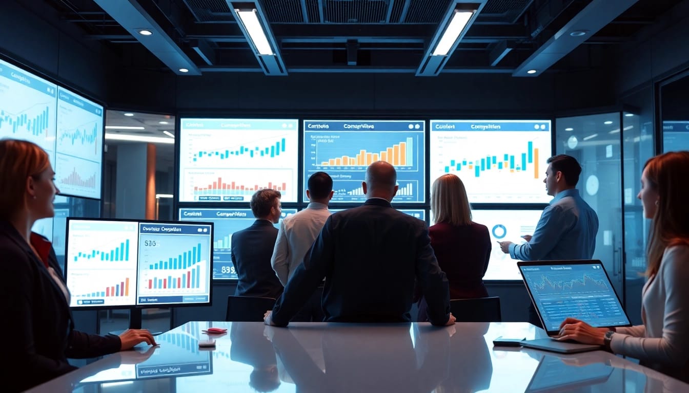 Analyze competitor pricing in a modern office with data trends and collaborative professionals.