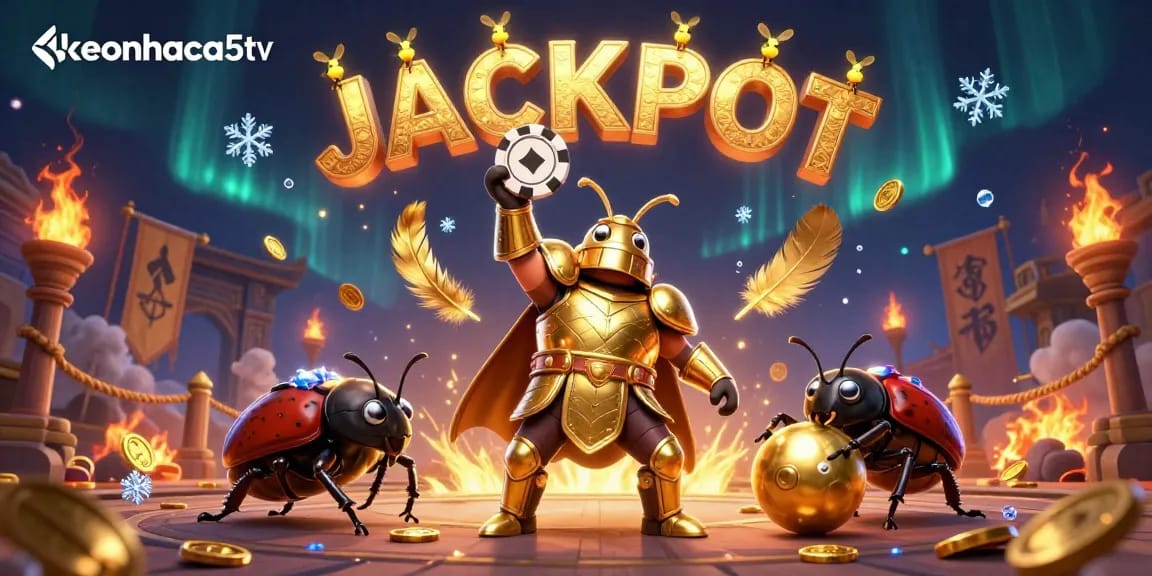Experience the thrill at keonhacai5tv with a cartoon hercules beetle celebrating a jackpot victory!