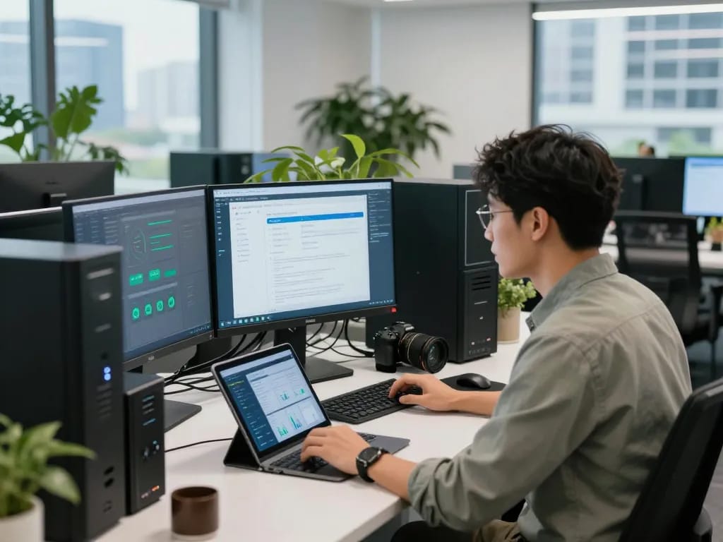 Professional at https://shs-dome5.com/ monitoring security protocols in a modern tech workspace.