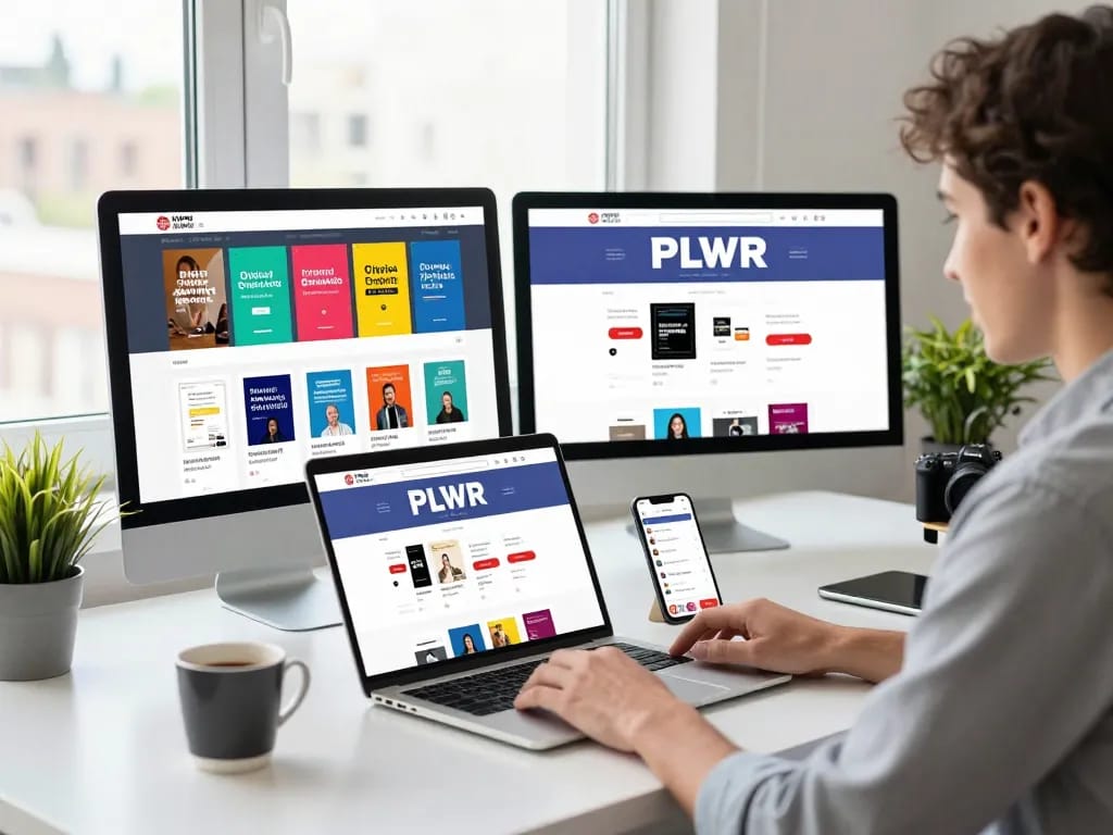 PLR Digital Products for Sale showcased on a sleek entrepreneurial workspace desk with vibrant eBook designs.
