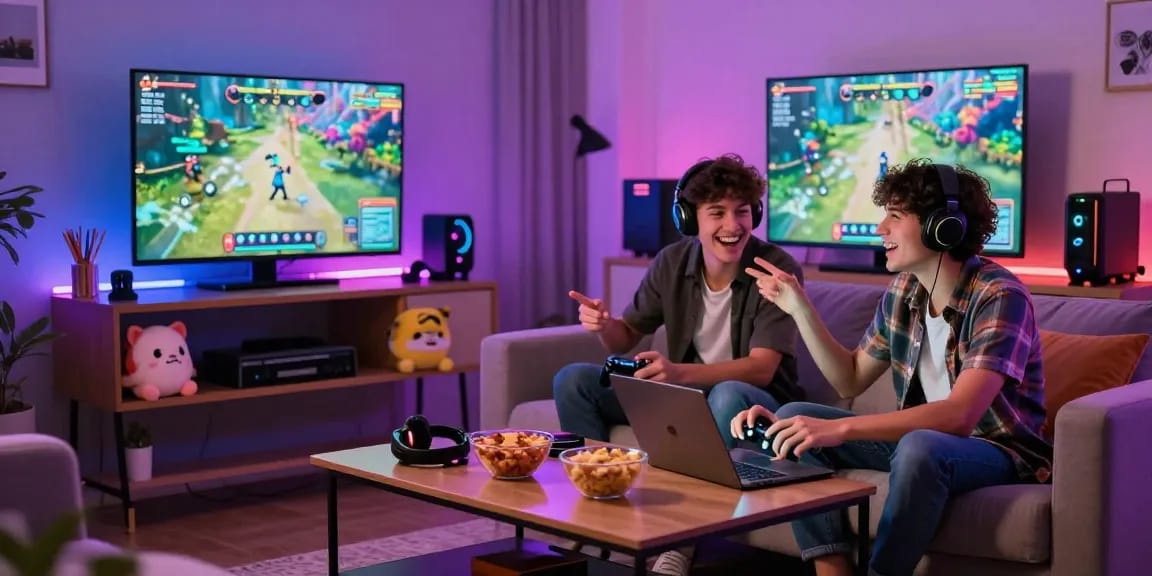 Enjoying html porn games in a cozy living room with friends.