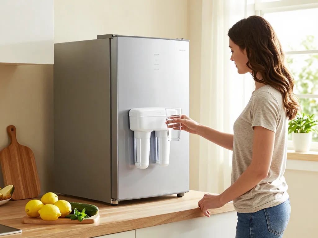 AQUA CREST 469690 ADQ36006101 Refrigerator Water Filter displayed in a bright kitchen, with fresh ingredients promoting health.