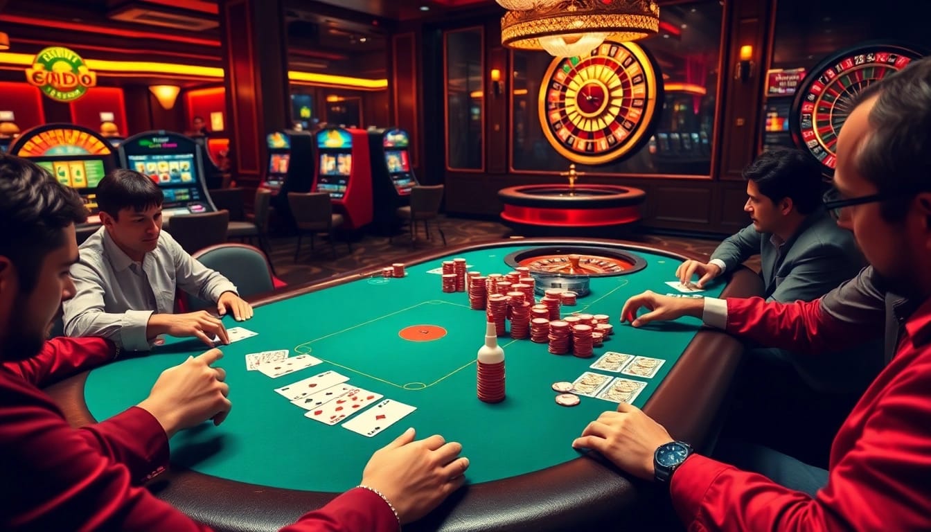 SODO Casino players enjoying a thrilling poker game at an upscale casino table with vibrant chip stacks.