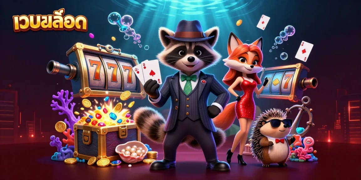 Experience thrilling เว็บสล็อต action with a raccoon holding a royal flush amidst vibrant casino elements.