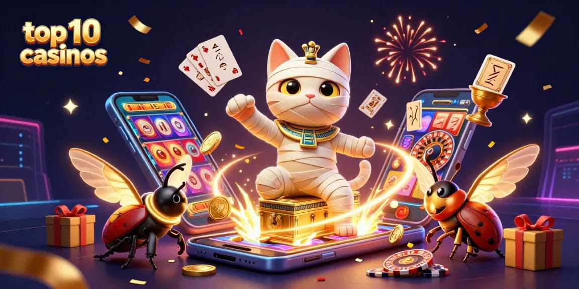 Enjoy the vibrant scene of top 10 online casinos with thrilling Egyptian-inspired characters and casino elements.
