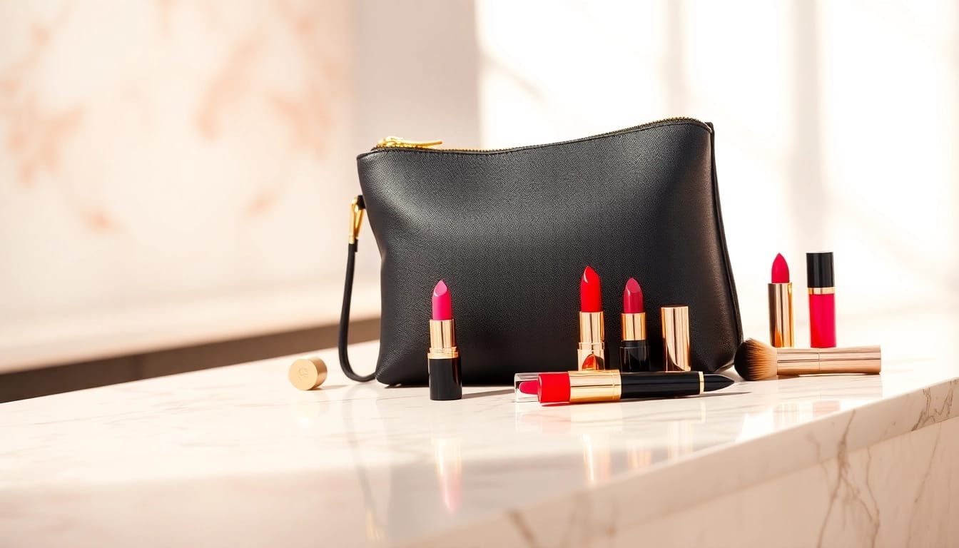 Showcase the skone cosmetics signature makeup bag with vibrant cosmetics artfully displayed inside.