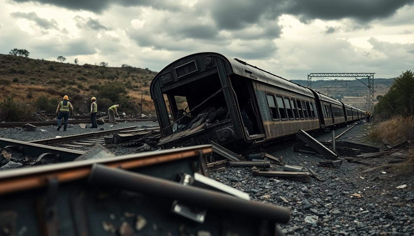 Tragic scene of the spain train crash with wreckage and emergency responders in action.