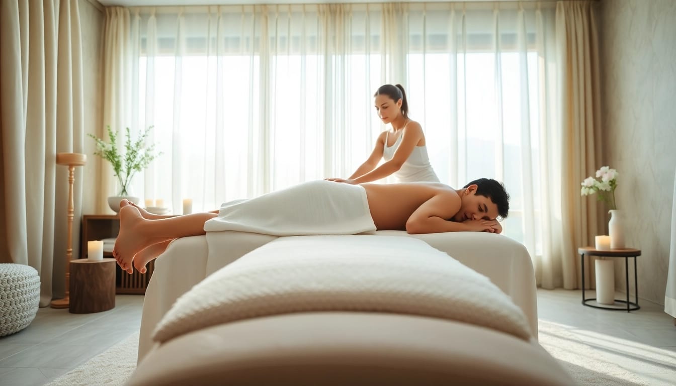 편안한 스파에서 진행되는 전문 원주마사지 세션을 보여주는 릴렉싱한 분위기.