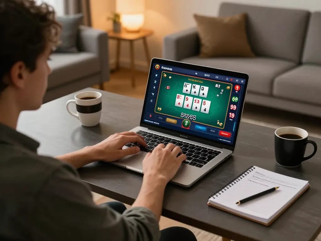 Tg88 gaming experience on a laptop with poker interface and responsible gaming strategy in a cozy home office.