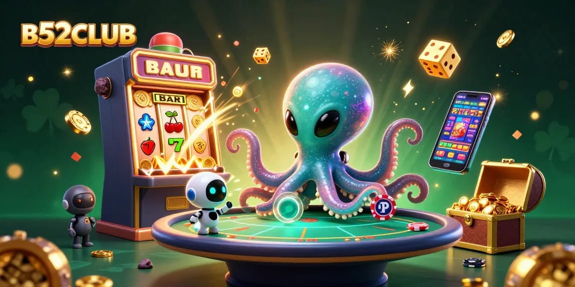 Experience the thrill of B52CLUB with a colorful 3D casino scene featuring an alien octopus and jackpot explosion.