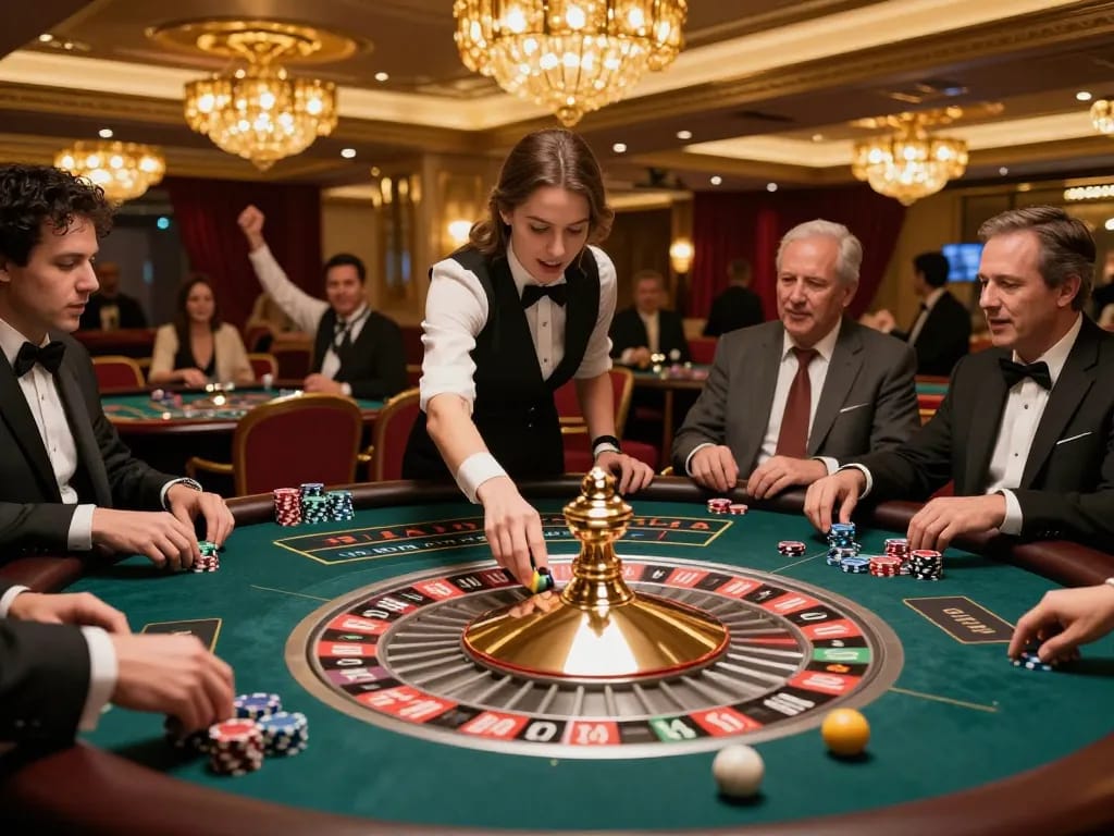 Players engaging in an exciting roulette game at a luxury venue, showcasing 789winii's thrilling casino atmosphere.
