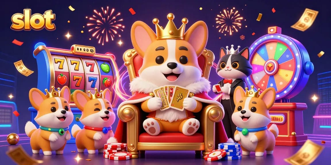 Spin the slot reels with a royal corgi on a throne amidst vibrant casino elements.
