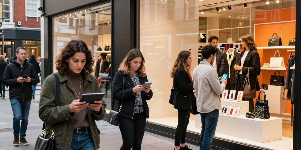 Exciting shopping experience at ForumUp showcasing diverse shoppers engaging with digital devices while exploring the latest products.