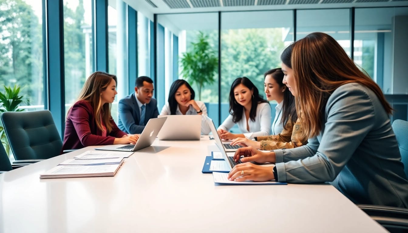 Engaged team in proposal writing and management collaboration at a modern office.