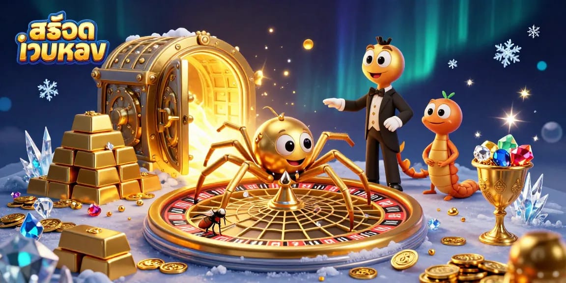 Experience the thrill of สล็อตเว็บตรง as a golden spider spins a roulette web while a fly nervously places bets.