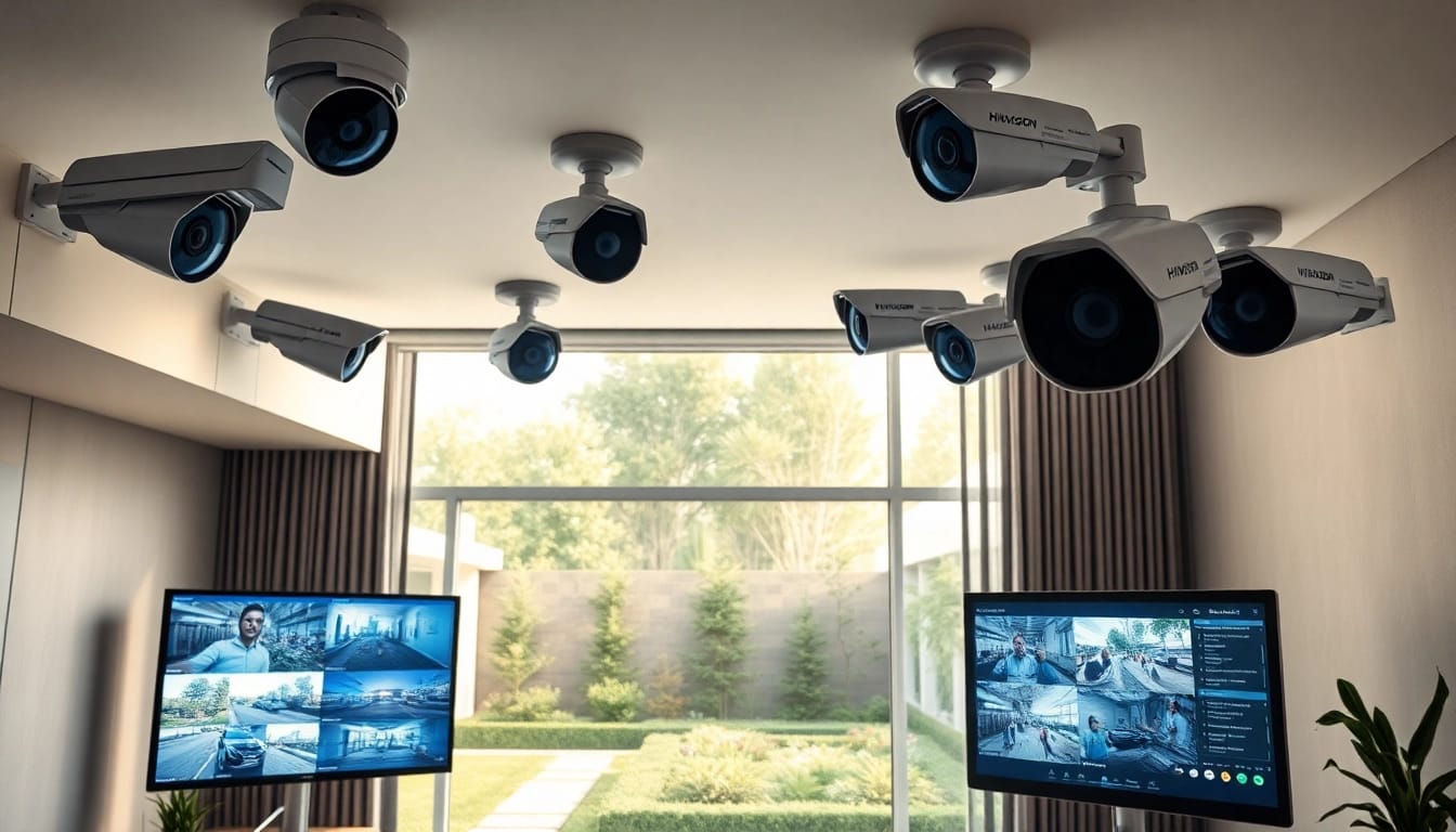 Cámaras Hikvision instaladas en un sistema de seguridad moderno que demuestra una vigilancia eficaz para espacios residenciales y comerciales.