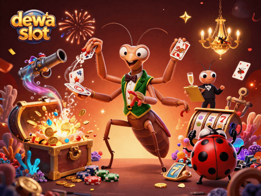 Gambarkan keseruan dewa slot dengan karakter koloni menarik di kasino yang penuh warna.