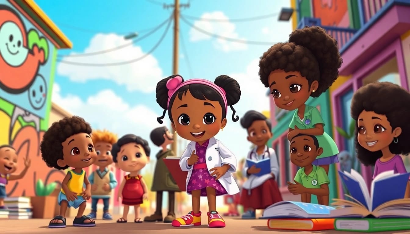 A lively scene featuring diverse characters from African American cartoons showcasing community spirit and creativity.
