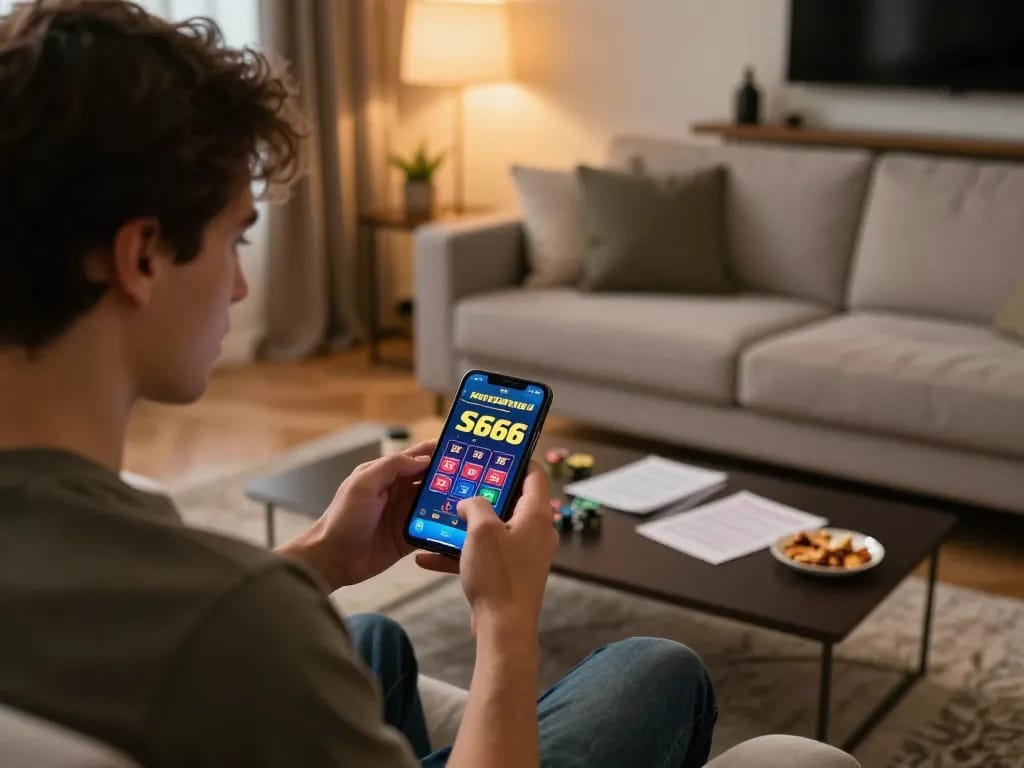 S666 mobile betting experience in a cozy home environment with an engaged player.